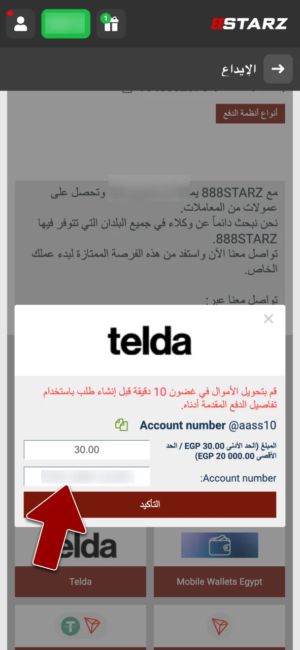 اختر وسيلة دفع 888starz، وحدد تفاصيل التحويل بدقة تامة.